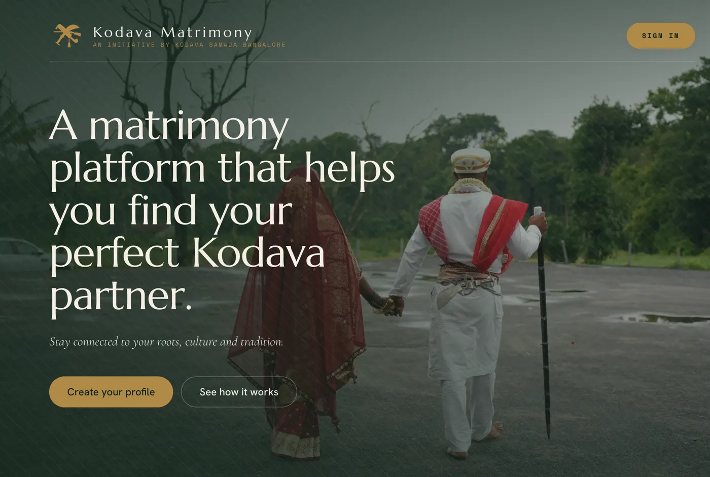 A preview of the Kodava Matrimony application's home page, with a Kodava bride and groom in traditional dress walking hand in hand